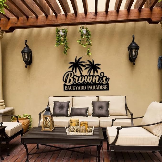 MeMate Backyard Sign Outdoor Decor, Personalized Metal Sign for Backyard, Patio, Custom Name Signs for Garden Porch, Deck, Large Metal Sign for Outside, Housewarming Gifts for Family Friends