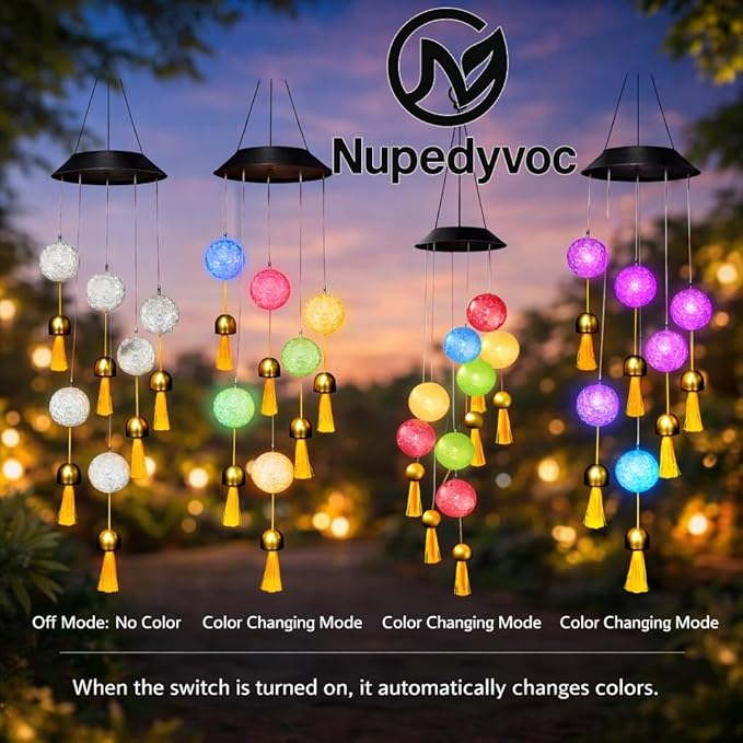 38” Mini Ball Bell Solar Light LED Wind Chime for Outside, Weather Resistant Decoration Outdoor Garden Patio Subtle Tone Decor, Ideal Gift for Birthday, Mother's Day, Meditation, Ambiance