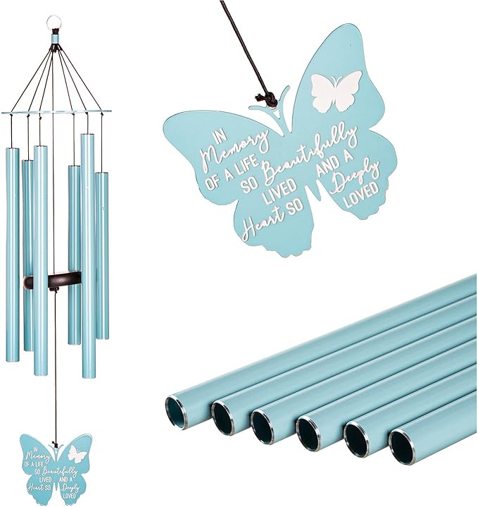 Evergreen Hand Tuned Memorial Wind Chime for Outside | in Memory of a Life| Scale of A | Deep Tone | Powder-Coated Metal | Blue | 30-Inches Tall | Sympathy Gift for Home Garden Decoration