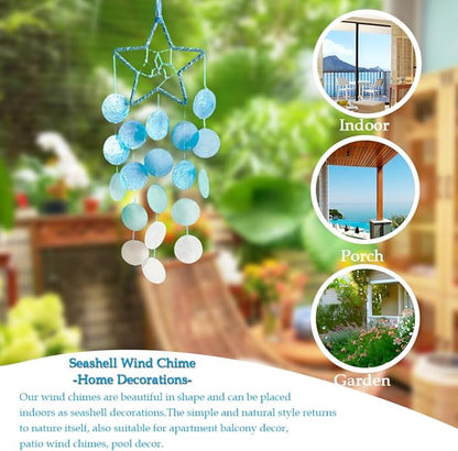 Wind Chimes for Outside, Personalized Capiz Shells Wind Chime for Home Decoration, Garden Decoration of Beach House Decor,Great Gift for Shells Windchimes Lovers and More (Blue Star)