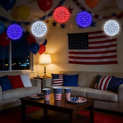 3PK 6 in Patriotic Light Ball, 100LED Red White Blue Sphere Lights, Steady Hanging Globe Lights for 4th of July, Memorial Day, Independence Day & Veteran Day, Red White Blue Decor for Outdoor Home