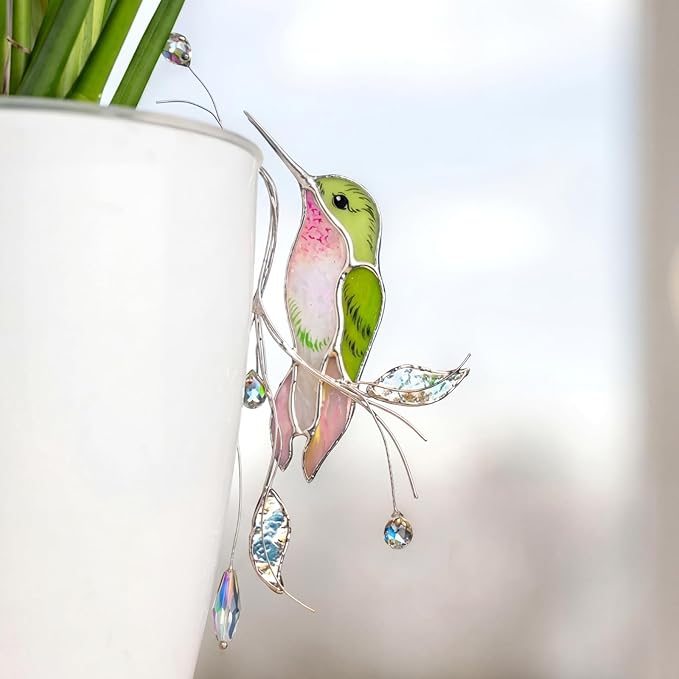 Sliner Hummingbird Stained Glass Suncatcher Decor for Indoor Outdoor Plants, Stained Glass Humming Bird Decoration for Garden Planters Hanging Plant, Handmade Gifts for Women Mom