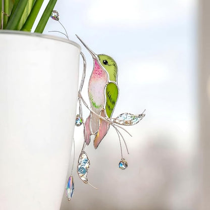 Sliner Hummingbird Stained Glass Suncatcher Decor for Indoor Outdoor Plants, Stained Glass Humming Bird Decoration for Garden Planters Hanging Plant, Handmade Gifts for Women Mom