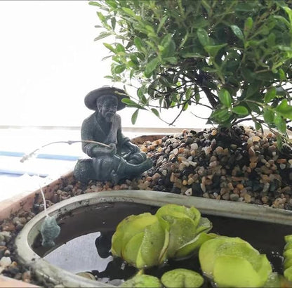 livelyfish Mini Fisherman Statue Asian Zen Decoration Sitting Fishing Figurines Sandstone Vintage Ornament for Aquarium Fish Tank Pot Garden Home Japanese Decor (A)