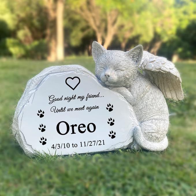 Personalized Pet Cat Memorial Stone with A Sleeping Cat Angel Statue, Cat Grave Markers Headstone Tombstone for Outdoor Garden, One Size, Full Color