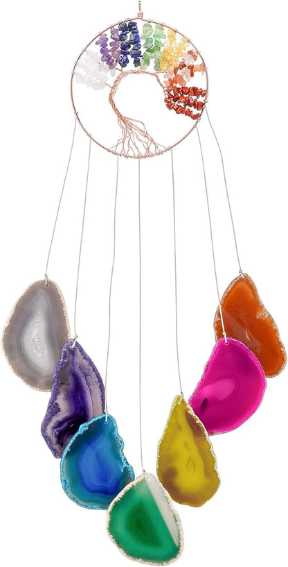 Yoption 7 Chakra Healing Stone Tree of Life Memorial Wind Chime, Natural Crystal Agate Slices Windchimes for Indoor Outdoor Decoration Ornament, 18-19 inch
