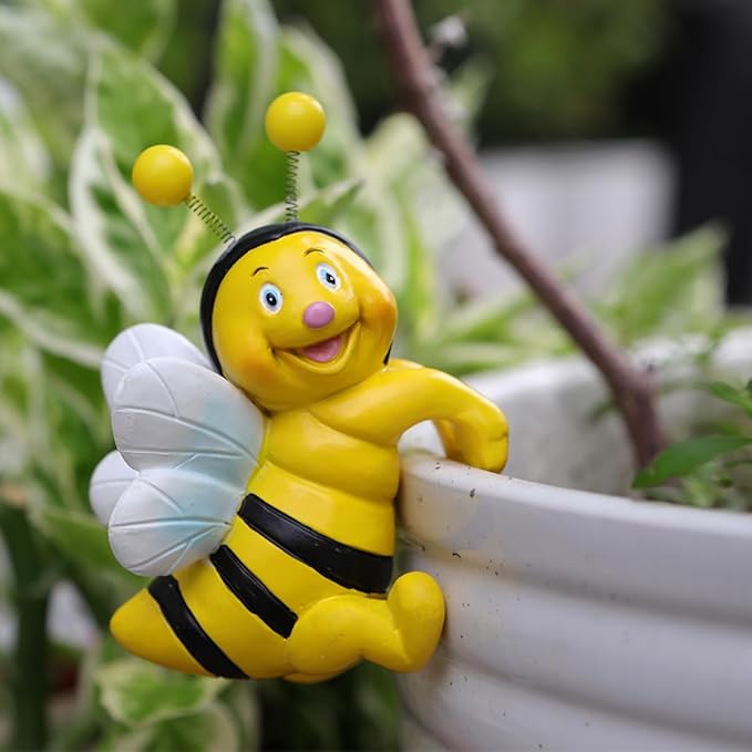 Set of 2 Cute Climbing Bees Flower Pot Hugger Figurines Resin Hanging Bee Statues Planter Pot Decorations for Home Garden Fence Balcony Patio Lawn Yard Ornaments