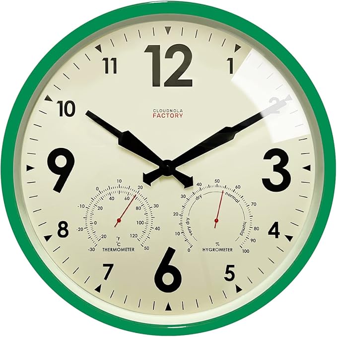 Cloudnola Indoor Outdoor Waterproof Metal Wall Clock with Thermometer and Hygrometer, Green, 12 inch Silent Non-Ticking Battery Operated Quality Quartz Round Clock for Patio and Home Decor