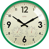 Cloudnola Indoor Outdoor Waterproof Metal Wall Clock with Thermometer and Hygrometer, Green, 12 inch Silent Non-Ticking Battery Operated Quality Quartz Round Clock for Patio and Home Decor