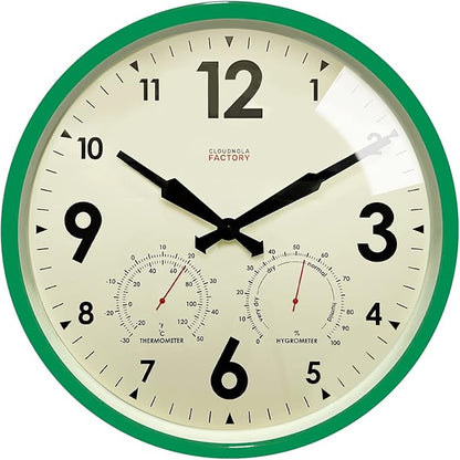 Cloudnola Indoor Outdoor Waterproof Metal Wall Clock with Thermometer and Hygrometer, Green, 12 inch Silent Non-Ticking Battery Operated Quality Quartz Round Clock for Patio and Home Decor