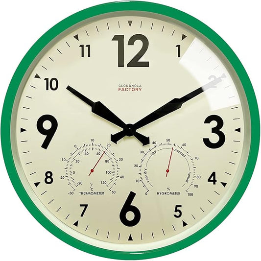 Cloudnola Indoor Outdoor Waterproof Metal Wall Clock with Thermometer and Hygrometer, Green, 12 inch Silent Non-Ticking Battery Operated Quality Quartz Round Clock for Patio and Home Decor