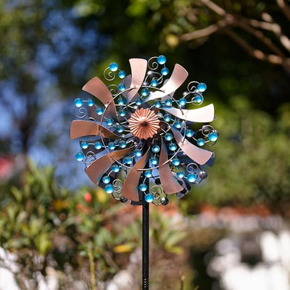 VEWOGARDEN Kinetic Wind Spinners Outdoor 13" Dia Metal Wind Spinner with Stakes Yard Art for Garden Patio Lawn Decorations, Blue & Antique Bronze