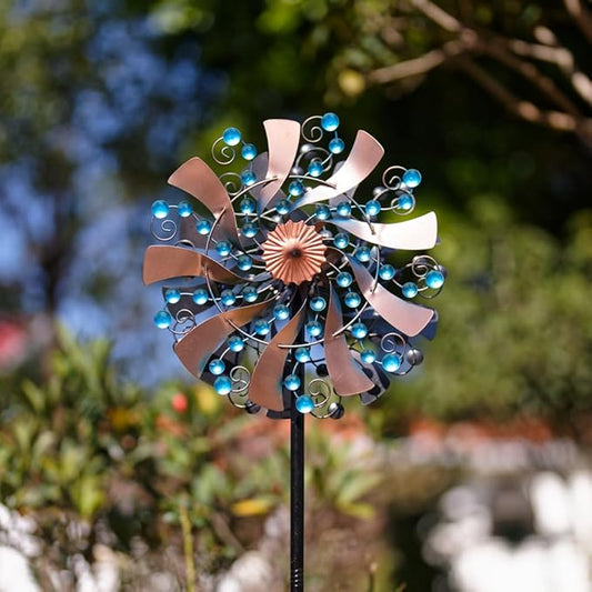 VEWOGARDEN Kinetic Wind Spinners Outdoor 13" Dia Metal Wind Spinner with Stakes Yard Art for Garden Patio Lawn Decorations, Blue & Antique Bronze