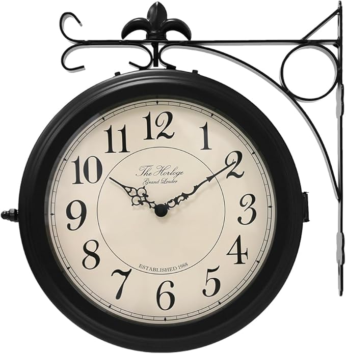 BESTIME 66276B Double Sided Metal Wall Clock with Black Frame.Dial: 10-Inch,Quiet,Easy Read,Retro Station,Antique Hanging Clocks for Garden,Home Decor,Indoor,Outdoor,Living Room.