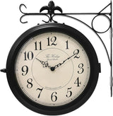 BESTIME 66276B Double Sided Metal Wall Clock with Black Frame.Dial: 10-Inch,Quiet,Easy Read,Retro Station,Antique Hanging Clocks for Garden,Home Decor,Indoor,Outdoor,Living Room.