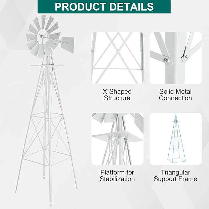 Metal Windmill for Garden Yard Decor, 8ft Tall Windmill Pinwheels Outdoor with Spinning Blades, Weather Vanes Lawn Ornaments, Weather-Resistant, White