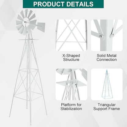 Metal Windmill for Garden Yard Decor, 8ft Tall Windmill Pinwheels Outdoor with Spinning Blades, Weather Vanes Lawn Ornaments, Weather-Resistant, White