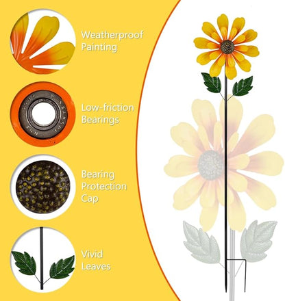 DREAMSOUL Sunflower Wind Spinners Outdoor, 13 Inch Dia Metal Wind Spinner with Stake, Kinetic Decorative Flower Spinner Lawn Garden Decor (57 * 13 Inches)