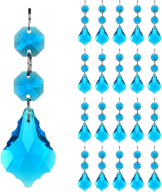 20pcs Chandelier Crystals Maple Leaf Prism Pendant Parts Connected Glass Octagon Beads Chain for Chandelier Decoration 38mm (Indicolite)