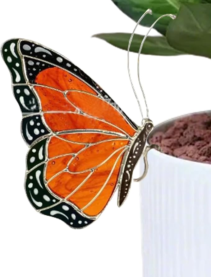 Stained Butterfly Plant Sun Catcher for Gardens, Or Patios Plant Gifts (Orange)