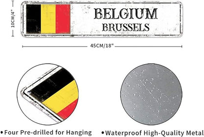 Personalized Belgium Street Sign Belgium Flag Metal Sign Capital City of Belgium Metal Tin Sign Road Wall Art Rustic Country City Indoor & Outdoor Decor for Home Man Cave Door Porch Garden 18x4in