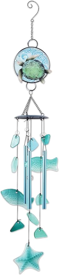 Sunset Vista Designs Windchimes - Handcrafted Glass and Metal Coastal Themed Wind Chime, 36-Inch, Turtle