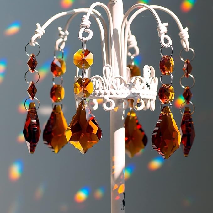 20pcs Crystal Maple Leaf Chandelier Pendant Prisms, Hanging Glass Crystals Octagon Beads for Christmas Party Decoration 38mm (Amber)