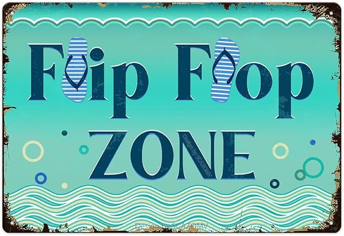 SCAZOMV Flip Flop Zone Sign Metal Tin Sign Funny Pool Signs Beach House Decor Vintage Pool Tropical Beach Patio Decoration 8"x12" Beach Signs for Home Decor