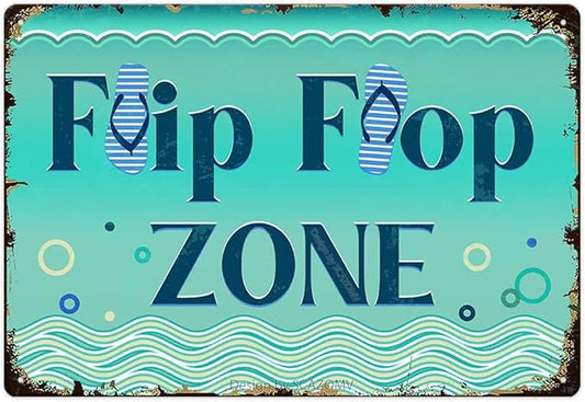 SCAZOMV Flip Flop Zone Sign Metal Tin Sign Funny Pool Signs Beach House Decor Vintage Pool Tropical Beach Patio Decoration 8"x12" Beach Signs for Home Decor