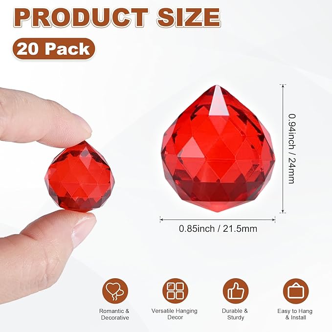 M METERXITY 20-Pack Crystal Ball Prisms, 24mm/0.94 Inch Chandelier Pendant Maker Hanging Crystals Chandelier Prisms for Home/Windows/Garden/DIY Decoration[Bright Red]