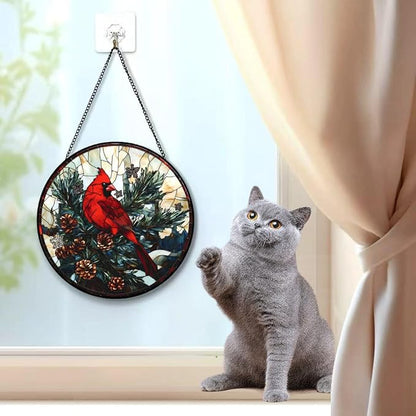 Funoasis Stained Glass Window Hanging 6.3 Inches Suncatcher - A Red Bird Stands On A Pine Tree Covered in Pinecones Ornaments Sun Catcher Home Decor Women Birthday