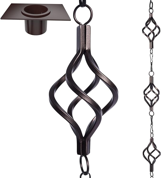 Rain Chain Bird Cage Set 8.5Ft, Not Rust Wrought Iron Rain Chains for Gutters with Adapter Gotta Drain and Sturdy Anchoring Stake,13 Cups, 1 Hook, Adjustable Length for Garden Decorative (Coffee)