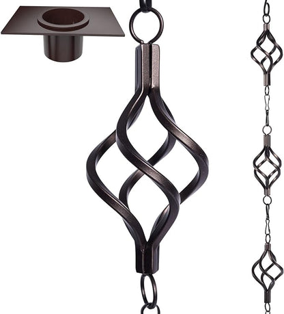 Rain Chain Bird Cage Set 8.5Ft, Not Rust Wrought Iron Rain Chains for Gutters with Adapter Gotta Drain and Sturdy Anchoring Stake,13 Cups, 1 Hook, Adjustable Length for Garden Decorative (Coffee)
