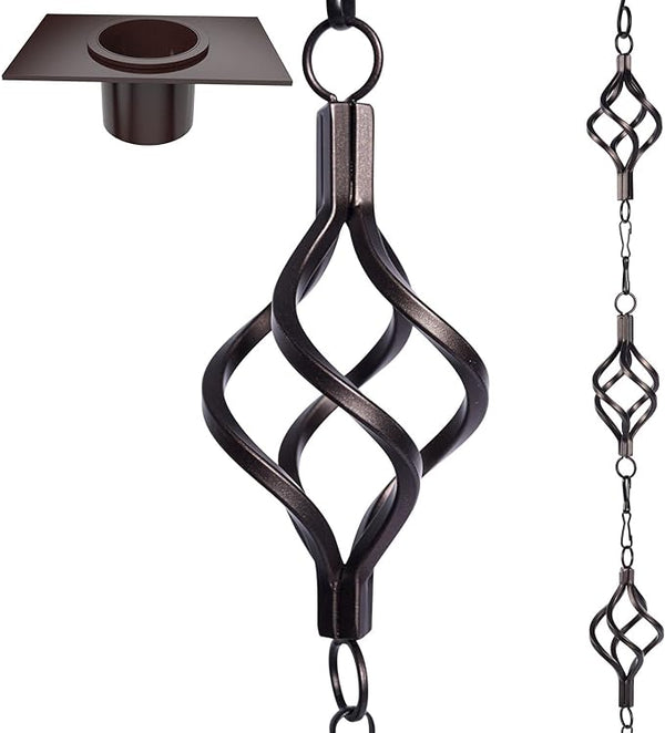 Rain Chain Bird Cage Set 8.5Ft, Not Rust Wrought Iron Rain Chains for Gutters with Adapter Gotta Drain and Sturdy Anchoring Stake,13 Cups, 1 Hook, Adjustable Length for Garden Decorative (Coffee)