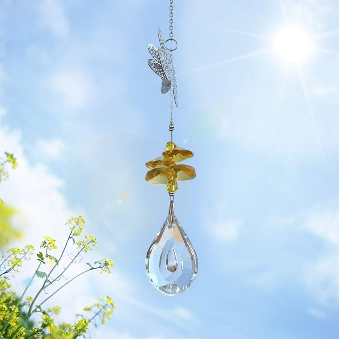 WEISIPU Crystal Suncatcher Prism - Dragonfly Suncatchers for Windows Hanging Rainbow Maker, Christmas Tree Decor, K9 Crystal Metal Ornament, Gifts for Christmas and Housewarming (Yellow)
