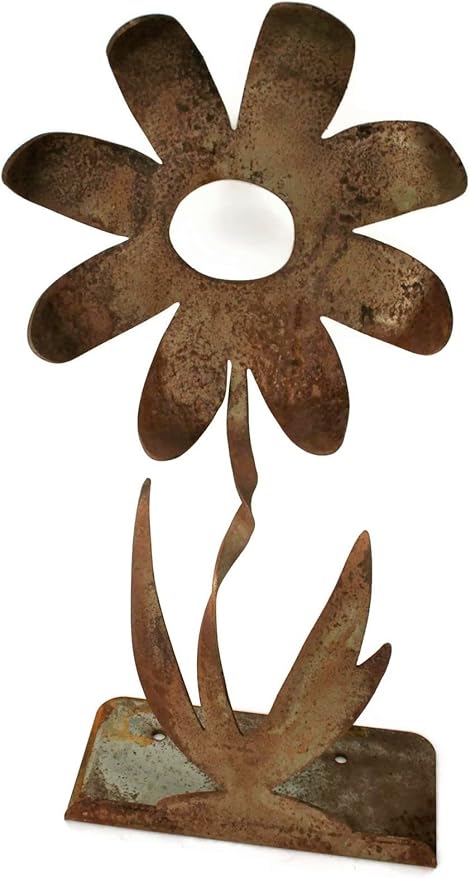 Metal Rustic and Colorful Flower Stakes Ranging from 9.5 to 36 Inches Tall (Twisted Daisy on Flat Base 24" Tall, Naturally Rusted)