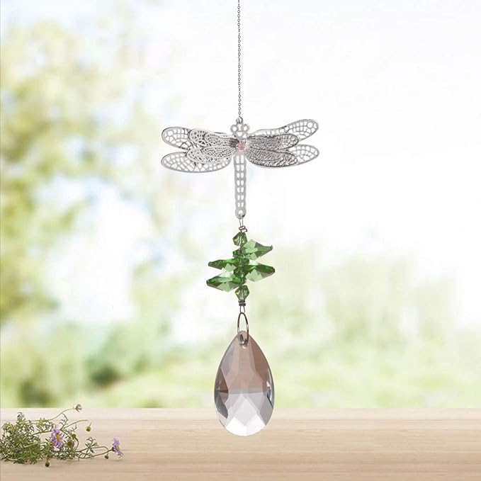 WEISIPU Crystal Suncatcher Prism - Dragonfly Suncatchers for Windows Hanging Rainbow Maker, Christmas Tree Decor, K9 Crystal Metal Ornament, Gifts (Green)