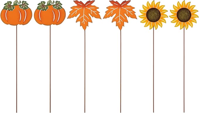 Glitzhome 18" H Set of 6 Metal Fall Harvest Yard Signs with Stakes,Thanksgiving Pumpkin Sunflower Maple Leaf Garden Stakes Welcome Standing Signs for Autumn Lawn Walkway Holiday Outdoor Decor