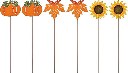Glitzhome 18" H Set of 6 Metal Fall Harvest Yard Signs with Stakes,Thanksgiving Pumpkin Sunflower Maple Leaf Garden Stakes Welcome Standing Signs for Autumn Lawn Walkway Holiday Outdoor Decor