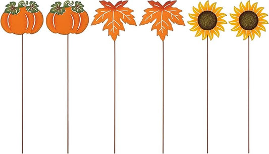 Glitzhome 18" H Set of 6 Metal Fall Harvest Yard Signs with Stakes,Thanksgiving Pumpkin Sunflower Maple Leaf Garden Stakes Welcome Standing Signs for Autumn Lawn Walkway Holiday Outdoor Decor