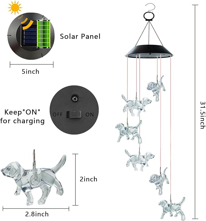 Solar Wind Chimes, Dog Wind Chimes Gifts for Mom Grandma Women Wife Girls, IP65 Waterproof Hanging Memorial Windchimes with 7 Color Changing LED Lights for Outside Garden Yard Decorations