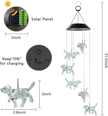 Solar Wind Chimes, Dog Wind Chimes Gifts for Mom Grandma Women Wife Girls, IP65 Waterproof Hanging Memorial Windchimes with 7 Color Changing LED Lights for Outside Garden Yard Decorations