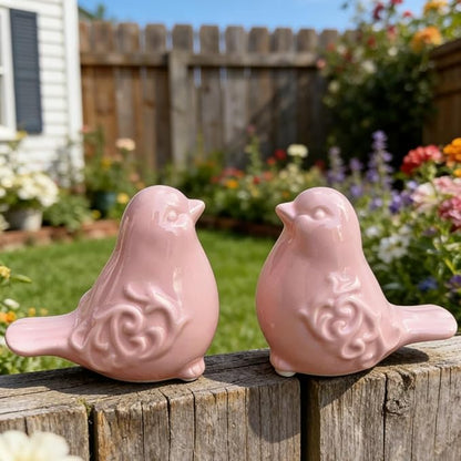 2PCS Ceramic Bird Figurines Decorative Bird Ornaments Statue for Home Garden Decor (Pink)