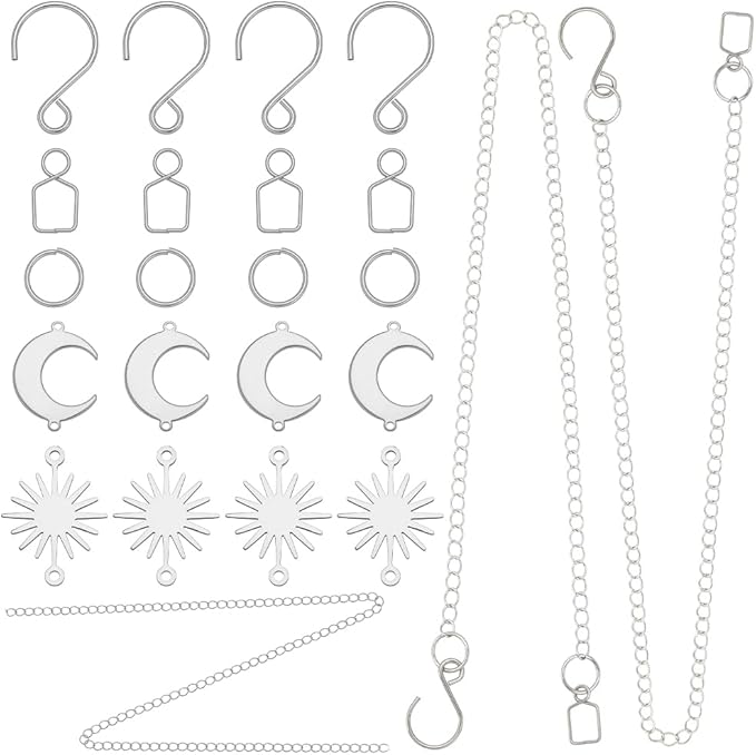 1 Box 10 Sets DIY Suncatcher Kits 5M/196.8In Silver Suncatcher Chains and Hooks Sun Moon Charms Crystal Ball Suspension Chain Kits for Window Prism Home Wedding Xmas Tree Hanging Decoration