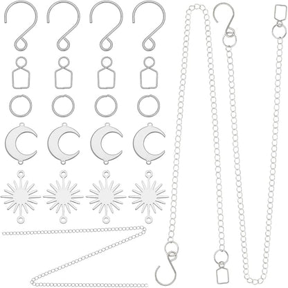 1 Box 10 Sets DIY Suncatcher Kits 5M/196.8In Silver Suncatcher Chains and Hooks Sun Moon Charms Crystal Ball Suspension Chain Kits for Window Prism Home Wedding Xmas Tree Hanging Decoration