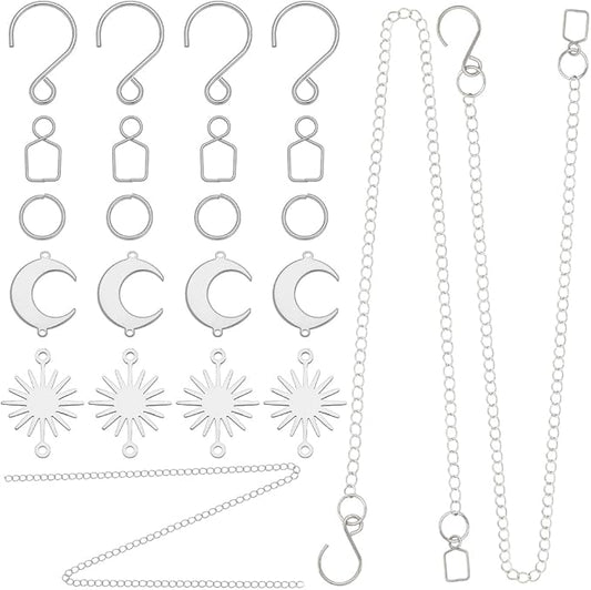 1 Box 10 Sets DIY Suncatcher Kits 5M/196.8In Silver Suncatcher Chains and Hooks Sun Moon Charms Crystal Ball Suspension Chain Kits for Window Prism Home Wedding Xmas Tree Hanging Decoration