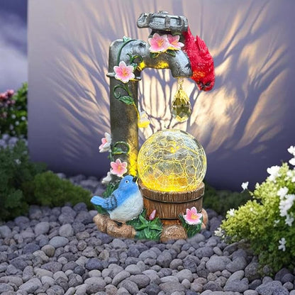 Solar Cardinal Garden Statue Decoration, Water Faucet and Solar Light Glass Ball, Outdoor Resin Garden Statue, Cardinal Gift, Women's Mother's Birthday Gift, Size 9.45 inches