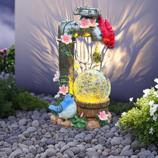Solar Cardinal Garden Statue Decoration, Water Faucet and Solar Light Glass Ball, Outdoor Resin Garden Statue, Cardinal Gift, Women's Mother's Birthday Gift, Size 9.45 inches
