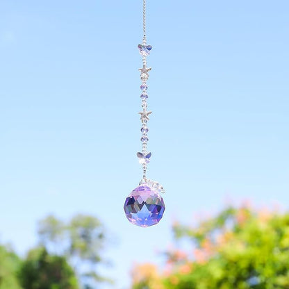 Crystal Suncatcher Hanging Purple Glass Sun Catcher Butterfly Glass Beads 40mm Prism Ball Pendant for Windows, Garden Decor Rainbow Maker Gifts for Christmas