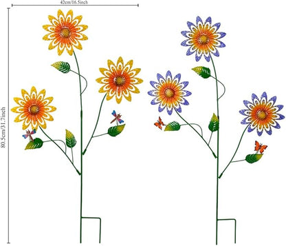 Garden Decor for Outside,2 Pack Metal Yard Art Sunflower Decorative Garden Stakes with Butterfly & Dragonfly for Spring Outdoor Lawn Backyard Porch Patio Decor